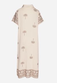 Born2be - Beżowa Pudełkowa Sukienka z Wiskozą o Koszulowym Kroju Zdobiona Haftem Sanori. Okazja: na co dzień. Kolor: beżowy. Materiał: wiskoza. Długość rękawa: krótki rękaw. Wzór: aplikacja, haft. Typ sukienki: koszulowe. Styl: casual, klasyczny #5