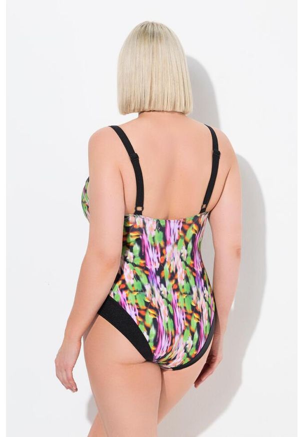 ULLA POPKEN - Damski Strój kąpielowy miękkie miseczki z fiszbinami kopertowy styl. Kolekcja: plus size. Kolor: czarny. Materiał: elastan, poliamid, materiał
