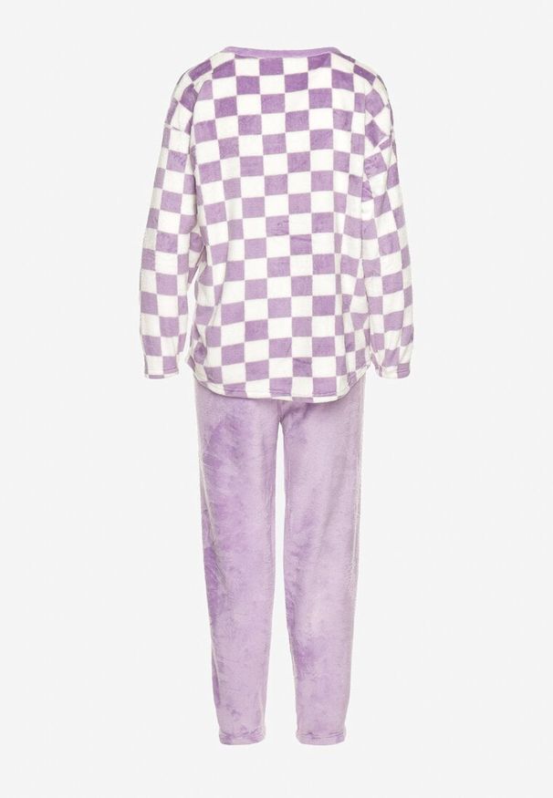 Born2be - Fioletowy Komplet Piżamowy Bluzka w Motywem Szachownicy i Spodnie z Gumką w Pasie Aeloma. Kolor: fioletowy. Materiał: jeans. Długość: długie. Wzór: aplikacja