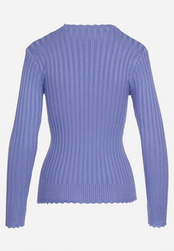 Born2be - Niebieski Prążkowany Sweter z Bawełną Mevin. Okazja: na co dzień. Kolor: niebieski. Materiał: bawełna, prążkowany. Styl: casual, elegancki