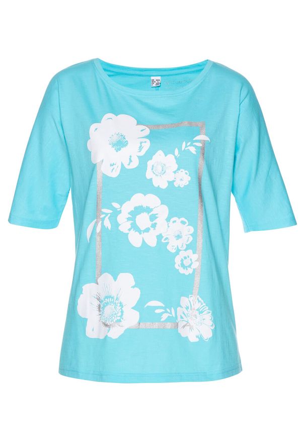Shirt z kwiatowym nadrukiem bonprix morsko-biały w kwiaty. Kolor: niebieski. Długość rękawa: długi rękaw. Długość: długie. Wzór: kwiaty, nadruk