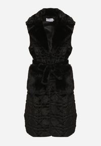 Born2be - Czarna Futrzana Kamizelka z Wiązanym Paskiem i Ozdobnymi Przeszyciami Raetila. Okazja: na co dzień, do pracy, na spotkanie biznesowe. Typ kołnierza: golf. Kolor: czarny. Materiał: futro. Wzór: aplikacja. Styl: biznesowy, casual, elegancki #4