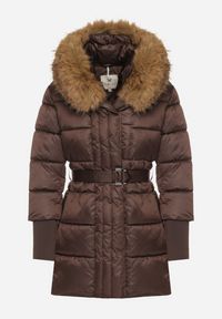 Born2be - Brązowa Kurtka z Pikowanymi Przeszyciami Paskiem i Kapturem z Futrem Lidanessa. Okazja: na co dzień. Kolor: brązowy. Materiał: futro. Styl: casual #5