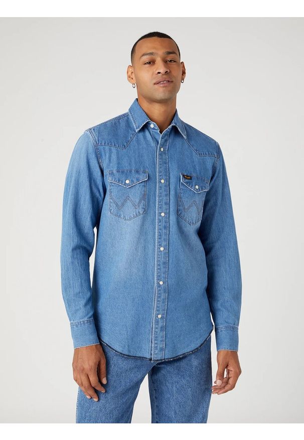 Wrangler - WRANGLER HERITAGE SHIRT MĘSKA KOSZULA JEANSOWA JEANS AUTHENTIC BLUE W5D1EM32F. Materiał: jeans