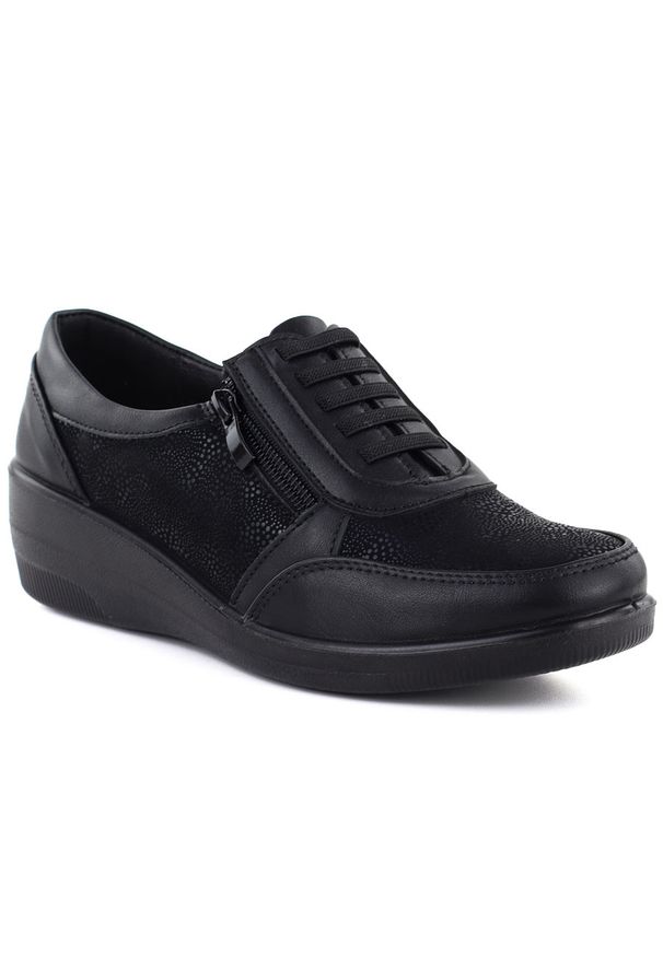 Półbuty damskie na koturnie gumki komfortowe czarne Unisoft 9016. Kolor: czarny. Materiał: skóra ekologiczna. Obcas: na koturnie