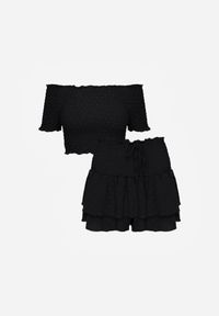 Renee - Czarny Komplet Top Hiszpanka i Spódnico-Spodenki z Falbanami oraz Gumką Rinaria. Kolor: czarny. Materiał: jeans #7