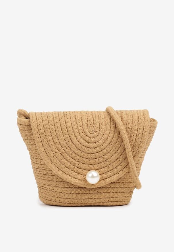 Born2be - Ciemnobeżowa Bawełniana Torebka w Stylu Listonoszki Ozdobiona Perełką Saviellene. Kolor: beżowy. Wzór: aplikacja. Styl: elegancki, casual