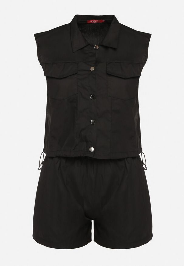 Born2be - Czarny Komplet z Bawełny Góra na Guziki Szorty z Elastyczną Gumką w Pasie Nestamay. Kolor: czarny. Materiał: bawełna