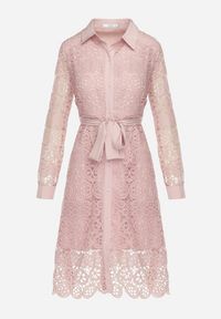 Born2be - Różowa Koszulowa Rozkloszowana Sukienka Midi z Paskiem i Ozdobną Koronką oraz Guzikami Casuva. Okazja: na imprezę. Kolor: różowy. Materiał: koronka. Wzór: koronka. Typ sukienki: koszulowe. Styl: klasyczny, elegancki, wizytowy. Długość: midi #7