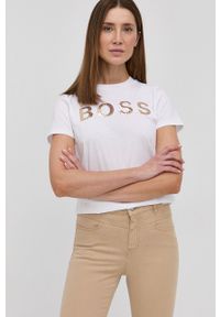 BOSS - Boss T-shirt bawełniany kolor biały. Okazja: na co dzień. Kolor: biały. Materiał: bawełna. Wzór: aplikacja. Styl: casual