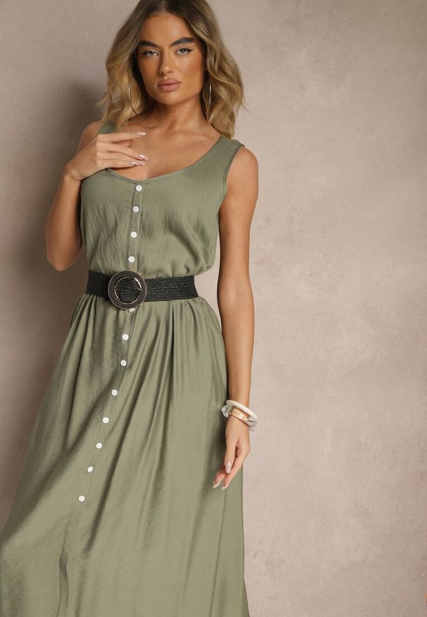 Renee - Zielona Rozkloszowana Sukienka z Wiskozy Ozdobiona Guzikami Nataviela. Okazja: na co dzień. Kolor: zielony. Materiał: wiskoza. Wzór: aplikacja. Typ sukienki: proste. Styl: casual, klasyczny