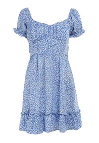 Born2be - Niebieska Sukienka Emas. Kolor: niebieski. Materiał: tkanina. Wzór: kwiaty, nadruk. Długość: mini