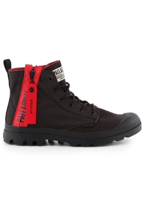 Buty Palladium Pampa Unzipped W 76443-008-M czarne czerwone. Zapięcie: zamek. Kolor: czarny, wielokolorowy, czerwony. Materiał: syntetyk, guma, materiał. Szerokość cholewki: normalna. Wzór: aplikacja