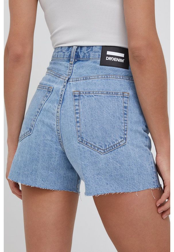 Dr. Denim szorty jeansowe damskie gładkie high waist. Okazja: na co dzień. Stan: podwyższony. Kolor: niebieski. Materiał: denim, jeans. Wzór: gładki. Styl: casual