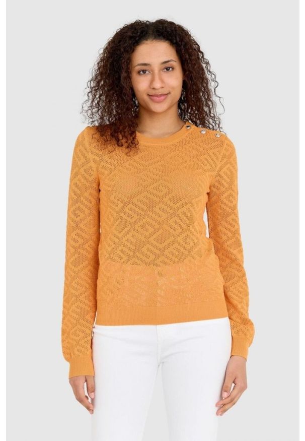 Guess - GUESS Pomarańczowy damski sweterek dzianinowy w monogram guess, Rozmiar XL. Kolor: pomarańczowy. Materiał: wiskoza, dzianina