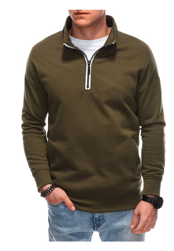Ombre Clothing - Bluza męska ze stójka rozpinaną na suwak - oliwkowa V1. Typ kołnierza: kołnierzyk stójkowy. Kolor: oliwkowy. Materiał: bawełna, poliester