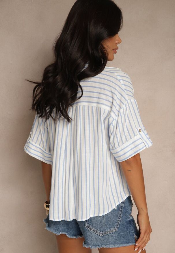 Renee - Niebieska Wiskozowa Koszula Oversize z Lnem Merollia. Okazja: na co dzień. Kolor: niebieski. Materiał: wiskoza, len. Długość rękawa: krótki rękaw. Długość: krótkie. Styl: casual, klasyczny