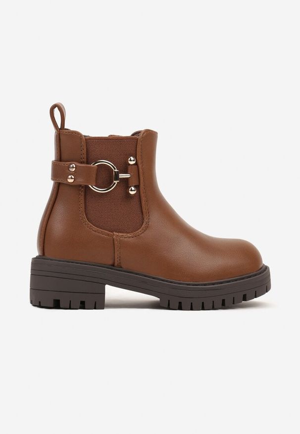Born2be - Brązowe Botki Typu Sztyblety na Tłoczonej Podeszwie Ozdobione Metalowym Detalem Zaimoria. Okazja: na co dzień. Kolor: brązowy. Materiał: jeans. Szerokość cholewki: normalna. Wzór: aplikacja. Styl: casual, elegancki
