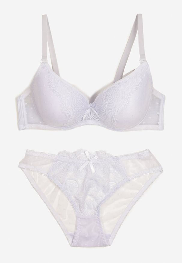 Born2be - Biały Koronkowy Komplet Biustonosz i Figi Ozdobione Kokardą Iririth. Kolor: biały. Materiał: koronka. Wzór: aplikacja