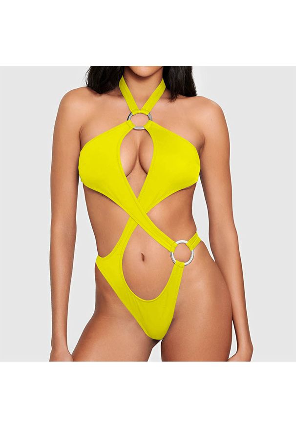 Intica - Strój kąpielowy z klamrami podkreślający sylwetkę na plażę lub basen Melike. Kolor: żółty. Materiał: materiał