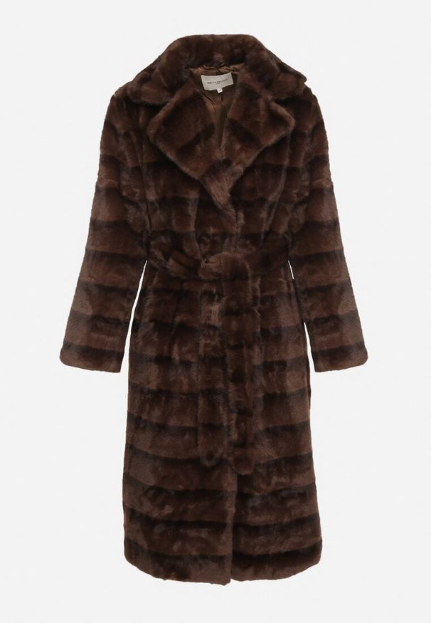 Born2be - Brązowy Klasyczny Płaszcz Futerko z Wiązanym Paskiem Aranelle. Okazja: na co dzień. Kolor: brązowy. Materiał: futro. Styl: klasyczny