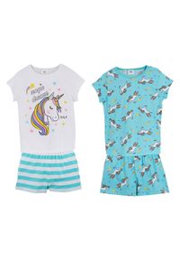 bonprix - Bawełniana piżama dziewczęca z krótkimi spodniami (4 części). Kolor: niebieski. Materiał: bawełna. Długość: krótkie. Wzór: nadruk #1