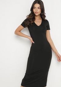 Born2be - Czarna Sukienka Dopasowana Bodycon z Dekoltem w Serek Efricene. Okazja: na co dzień. Typ kołnierza: dekolt w serek. Kolor: czarny. Materiał: jeans. Długość rękawa: krótki rękaw. Typ sukienki: bodycon. Styl: casual, klasyczny #7