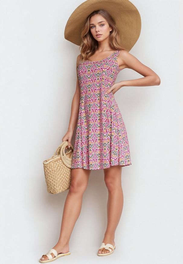 Born2be - Różowa Rozkloszowana Sukienka na Ramiączkach Pezorea. Kolor: różowy. Materiał: jeans. Długość rękawa: na ramiączkach. Styl: elegancki