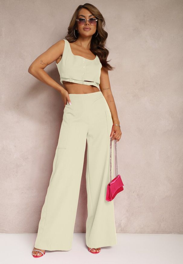 Renee - Jasnozielony Top Wykończony Materiałowym Paskiem w Talii i Zapięciem na Napy Tiamalea. Kolor: zielony. Materiał: materiał. Styl: wizytowy, elegancki