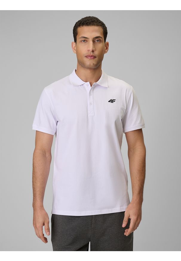 4f - 4F Koszulka polo regular męska - biała S. Okazja: na co dzień, do pracy, na spacer. Typ kołnierza: polo. Kolor: biały. Materiał: dzianina, materiał, bawełna. Styl: casual, klasyczny