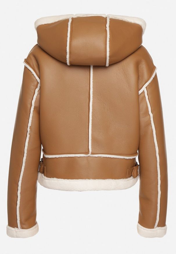 Born2be - Brązowa Krótka Kurtka Biker z Kapturem i Futrzanymi Wstawkami Daithia. Okazja: na co dzień. Typ kołnierza: kaptur. Kolor: brązowy. Materiał: futro. Długość: krótkie. Styl: casual