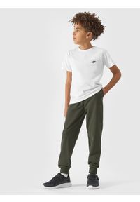 4f - 4F Spodnie dresowe joggery chłopięce - oliwkowe/khaki 140 (9-10 lat). Okazja: na co dzień. Kolor: brązowy, oliwkowy, wielokolorowy. Materiał: dresówka. Wzór: gładki, ze splotem. Sezon: lato. Styl: casual, sportowy #1