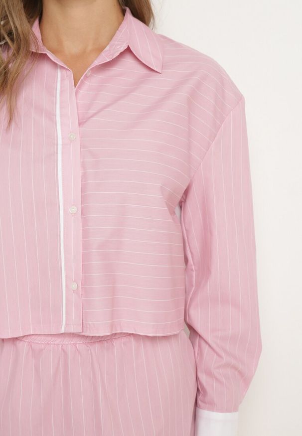 Born2be - Różowy Komplet Koszula Zapinana na Guziki Spódnica z Gumką w Pasie Tiamalinda. Kolor: różowy. Wzór: aplikacja