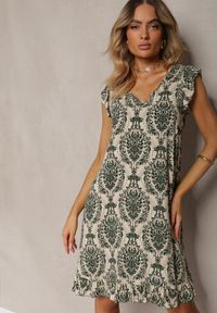 Renee - Zielono-Beżowa Boho Sukienka z Bawełny na Ramiączkach Ozdobiona Falbanką Testalaya. Kolor: zielony. Materiał: bawełna. Długość rękawa: na ramiączkach. Wzór: aplikacja. Sezon: lato. Styl: boho