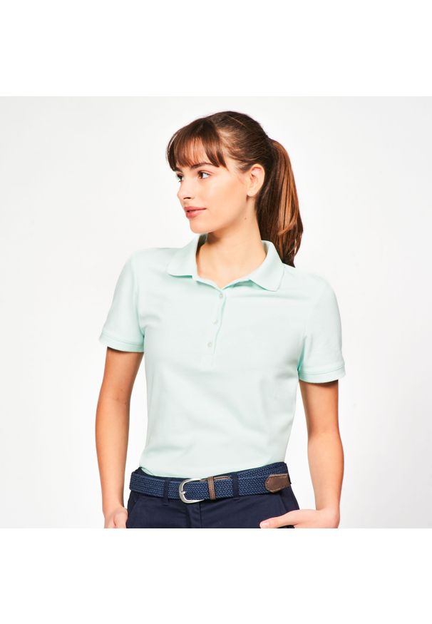 INESIS - Koszulka polo do golfa damska z krótkim rękawem Inesis MW500. Typ kołnierza: golf, polo. Kolor: wielokolorowy, niebieski, zielony. Materiał: bawełna, materiał, poliester. Długość rękawa: krótki rękaw. Długość: krótkie. Wzór: ze splotem. Styl: klasyczny