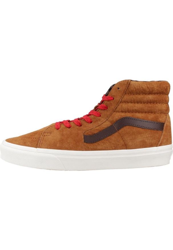 Buty Vans Sk8-Hi pomarańczowe. Okazja: na co dzień. Kolor: brązowy. Materiał: zamsz, tkanina. Model: Vans SK8. Sport: skateboard