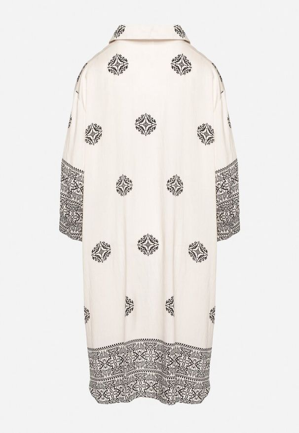 Born2be - Beżowa Wiskozowa Sukienka Ozdobiona Geometrycznym Wzorem Nalanessa. Okazja: na co dzień. Kolor: beżowy. Materiał: wiskoza. Wzór: aplikacja, geometria. Styl: casual, elegancki, klasyczny. Długość: mini