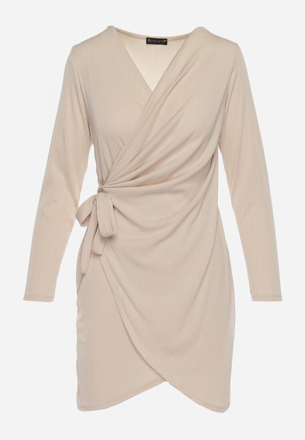 Born2be - Beżowa Sukienka Kopertowa Mini Wiązana w Pasie Icona. Kolor: beżowy. Typ sukienki: kopertowe. Styl: elegancki. Długość: mini