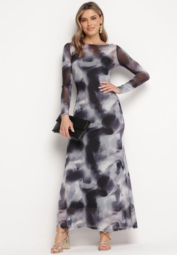 Born2be - Czarno-Szara Sukienka Siateczkowa Maxi w Abstrakcyjny Wzór Tie-Dye Orelad. Kolor: czarny. Długość: maxi
