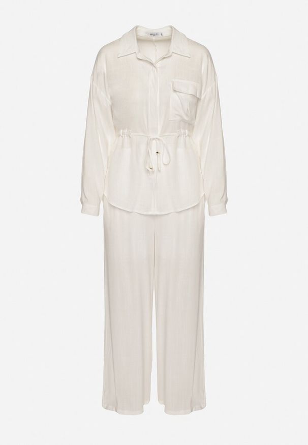 Born2be - Biały Komplet z Wiskozą Koszula Ściągana w Talii i Szerokie Spodnie Divellara. Kolor: biały. Materiał: wiskoza