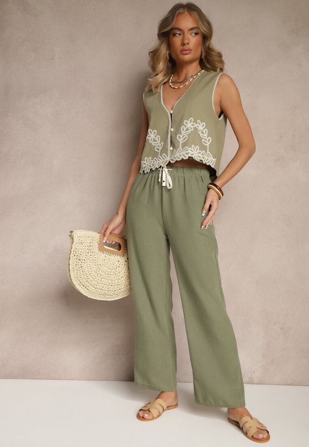 Renee - Ciemnozielone Spodnie High Waist z Szeroką Nogawką i Gumką w Pasie Mirarena. Okazja: do pracy, na co dzień, na spotkanie biznesowe. Stan: podwyższony. Kolor: zielony. Styl: casual, elegancki, biznesowy