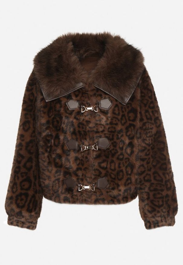 Born2be - Brązowa Panterkowa Kurtka Futerko o Krótkim Kroju z Ozdobnymi Zapięciami Otiluna. Okazja: na co dzień. Kolor: brązowy. Materiał: futro. Długość: krótkie. Wzór: motyw zwierzęcy. Styl: casual