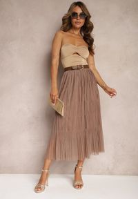 Renee - Jasnobrązowa Rozkloszowana Spódnica z Tiulu Wykończona Gumką w Pasie Risshara. Okazja: na co dzień. Kolor: brązowy. Materiał: tiul. Styl: casual, elegancki