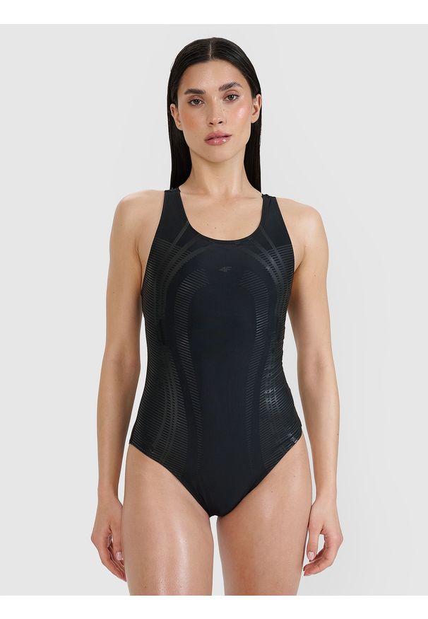 4f - 4F Kostium kąpielowy jednoczęściowy damski - czarny L. Kolor: czarny. Materiał: włókno, materiał, elastan, syntetyk
