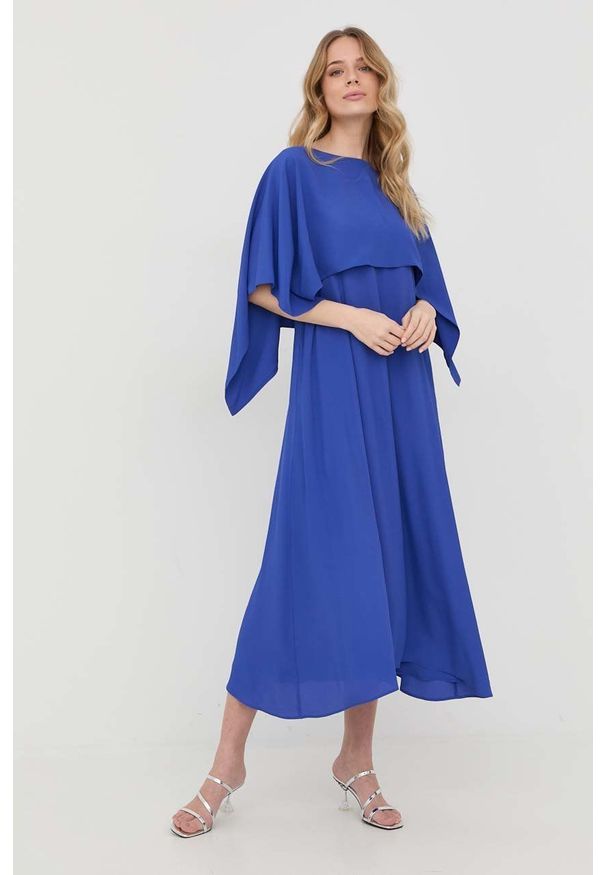 Liviana Conti sukienka z domieszką jedwabiu midi. Typ kołnierza: dekolt w karo. Kolor: niebieski. Materiał: jedwab. Długość rękawa: na ramiączkach. Typ sukienki: rozkloszowane. Długość: midi