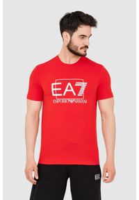 EA7 Emporio Armani - EA7 Czerwony męski t-shirt z dużym białym logo. Kolor: czerwony #1