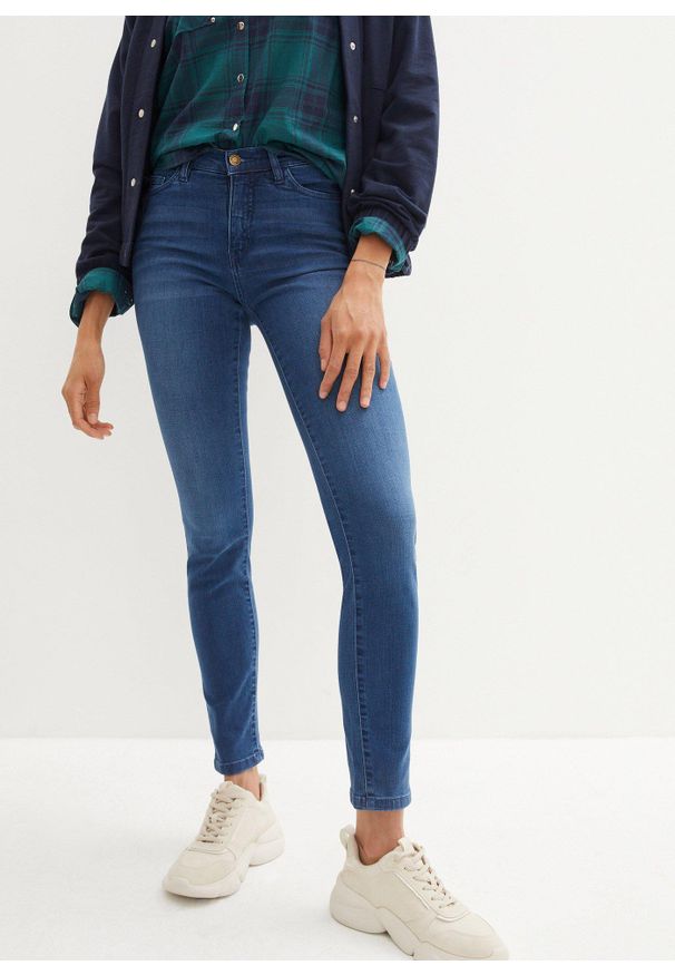 bonprix - Modelujące dżinsy slim fit high waist. Stan: podwyższony. Kolor: niebieski
