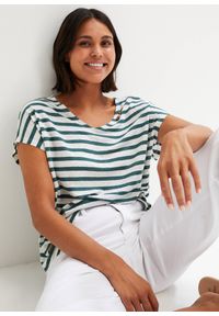 bonprix - Bluzka z czystego lnu z rękawami typu nietoperz. Typ kołnierza: dekolt w serek. Kolor: niebieski. Materiał: len. Wzór: paski. Sezon: lato #1