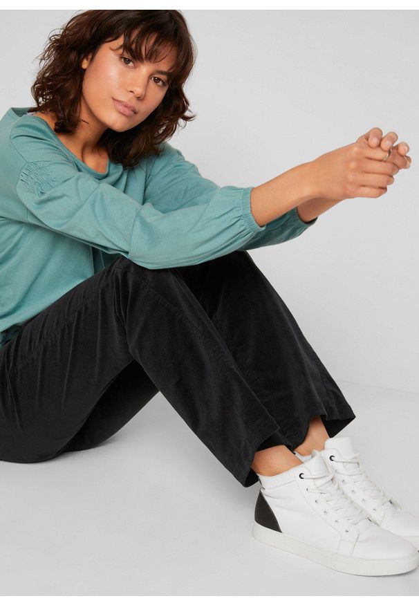 bonprix - Spodnie sztruksowe dzwony ze stretchem high-waist z wygodnym paskiem. Stan: podwyższony. Kolor: czarny. Materiał: sztruks. Styl: elegancki