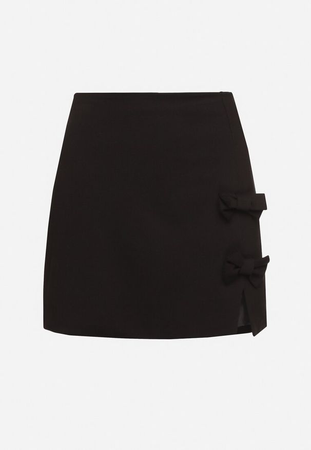 Born2be - Czarna Spódnica z Wiskozą o Trapezowym Kroju z Kokardami Semianora. Kolor: czarny. Materiał: wiskoza. Styl: elegancki